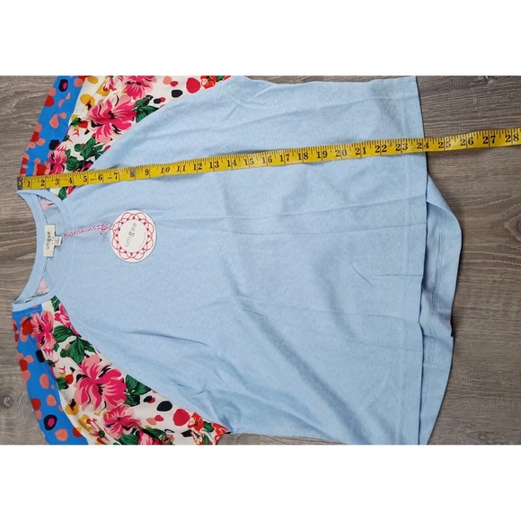 Umgee Mixed Print Long Balloon Sleeve Top Linen Blend Blue Floral Blouse Small - Picture 8 of 9